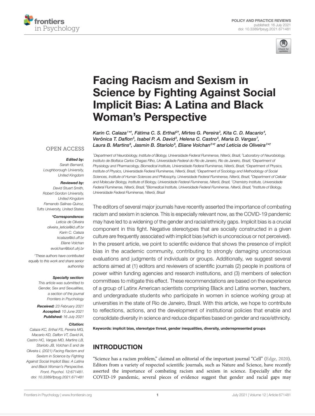 Facing Racism and Sexism in Science by Fighting Against Social Implicit Bias: A Latina and Black Woman’s Perspective