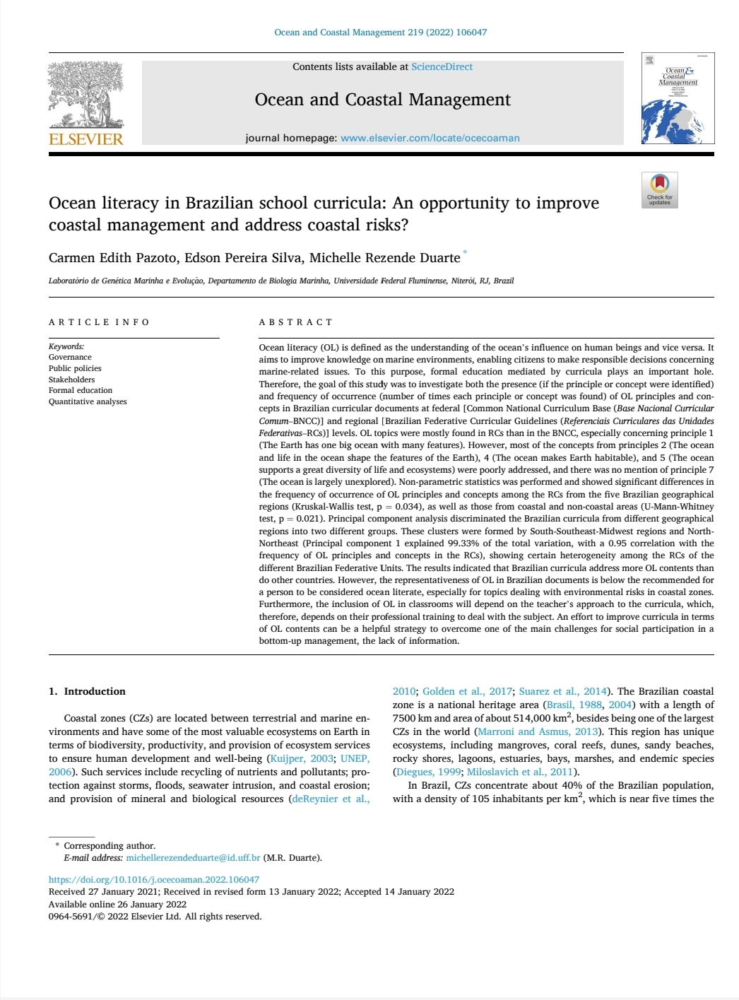 Ocean literacy in Brazilian school curricula: An opportunity to improve  coastal management and address coastal risks?