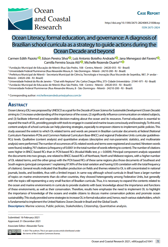 Ocean Literacy, formal education, and governance: A diagnosis of Brazilian school curricula as a strategy to guide actions during the Ocean Decade and beyond