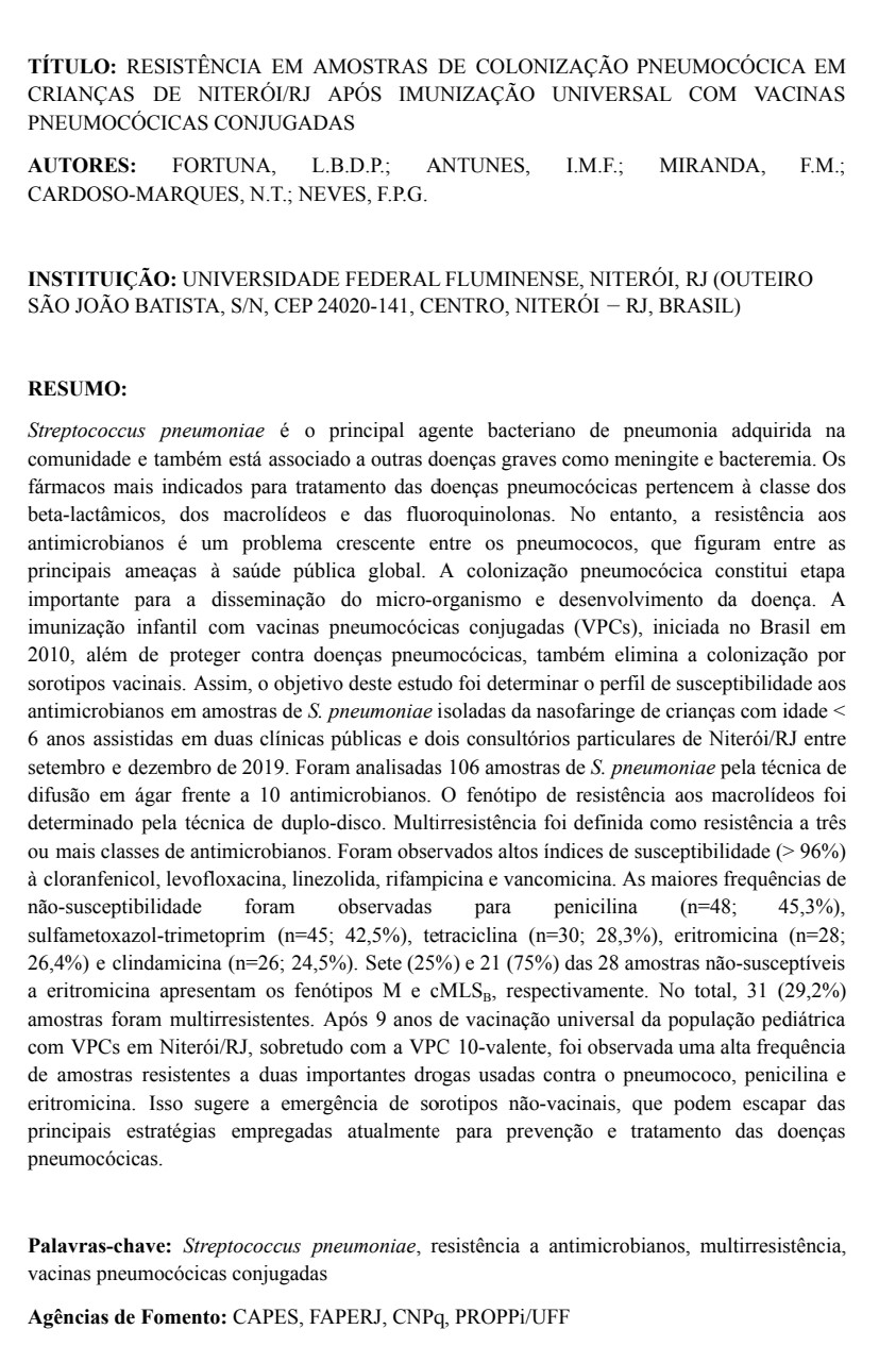 Resistência em Amostras de Colonização Pneumocócica em Crianças de Niterói/RJ após Imunização Universal com Vacinas Pneumocócicas Conjugadas